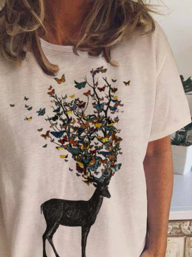 Casual Simple Deer Butterfly Print Crew Neck T-Shirt